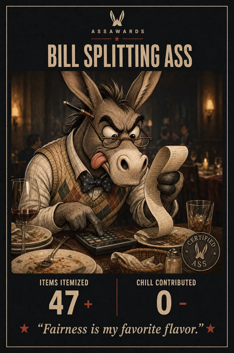 Bill Splitting Ass certified ass award title card