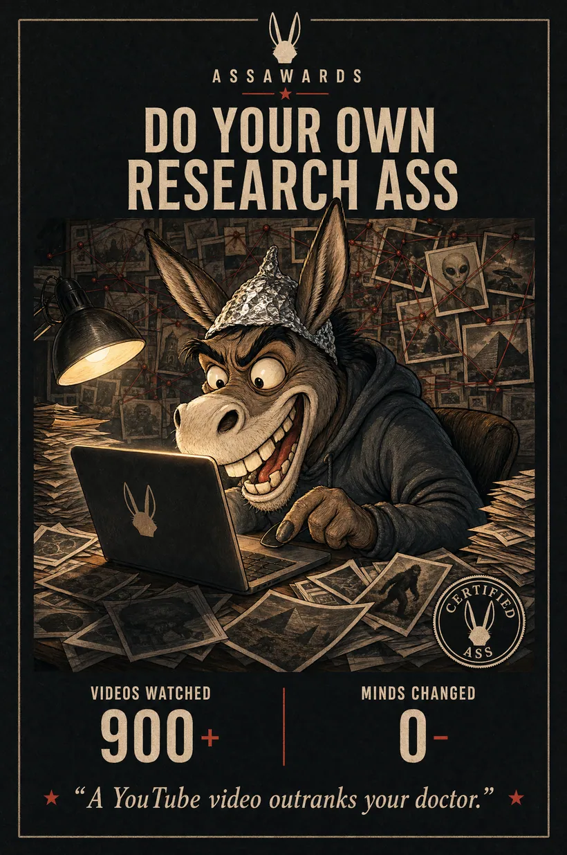 Do Your Own Research Ass certified ass award title card