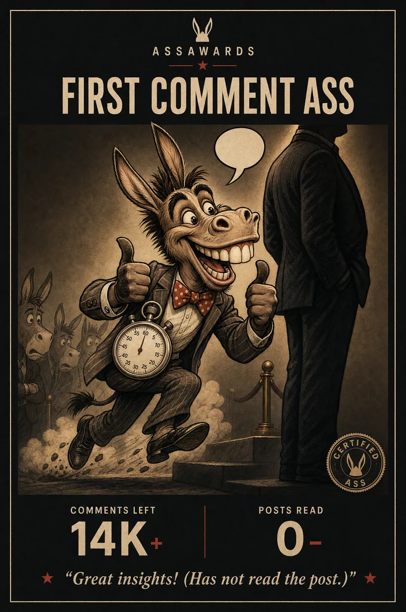 First Comment Ass certified ass award title card