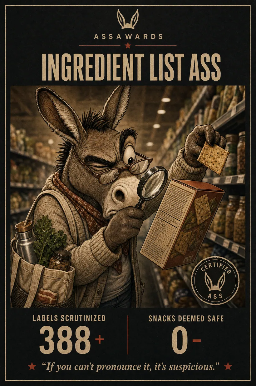 Ingredient List Ass certified ass award title card