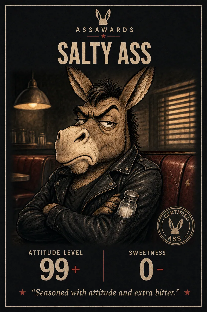 Salty Ass certified ass award title card