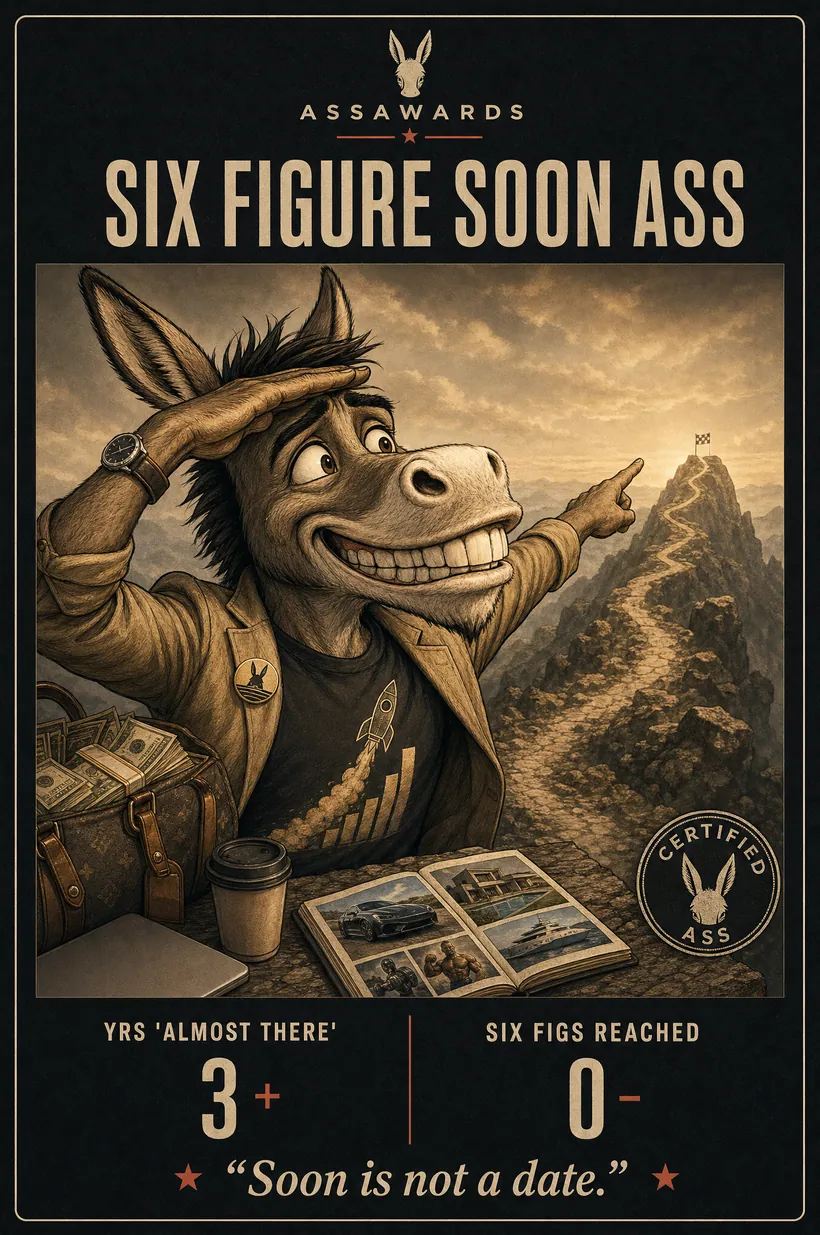 Six Figure Soon Ass certified ass award title card