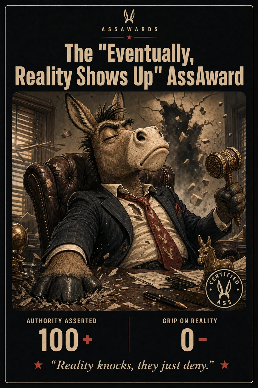 The “eventually, Reality Shows Up” Assaward certified ass award title card