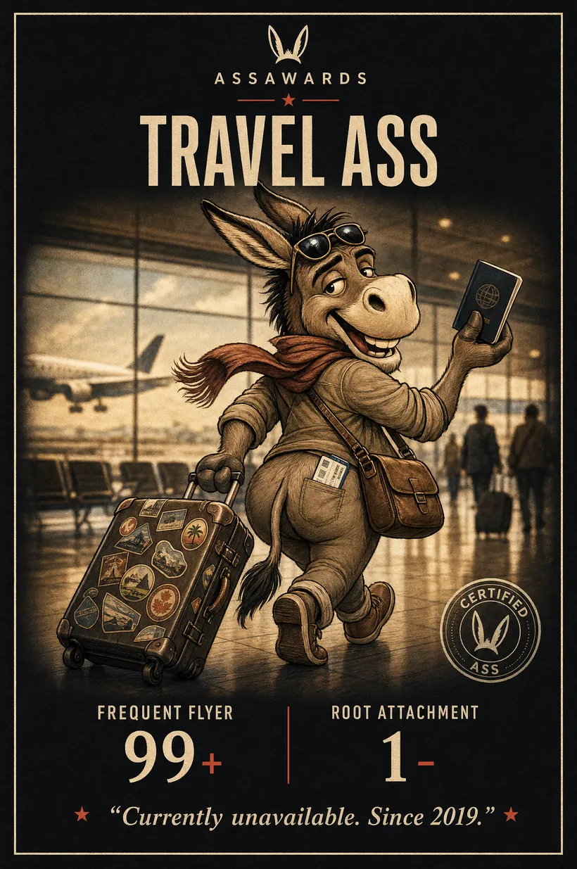 Travel Ass certified ass award title card