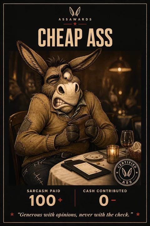 Greeting card with the Cheap Ass award on the front