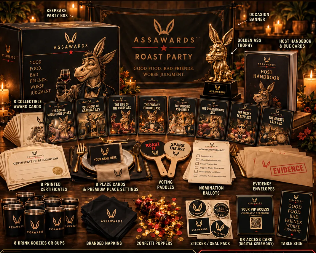 The Roast Party Bundle laid out on a table: keepsake box, award cards, certificates, place cards, voting paddles, nomination ballots, evidence envelopes, cups, napkins, trophy, banner and host handbook