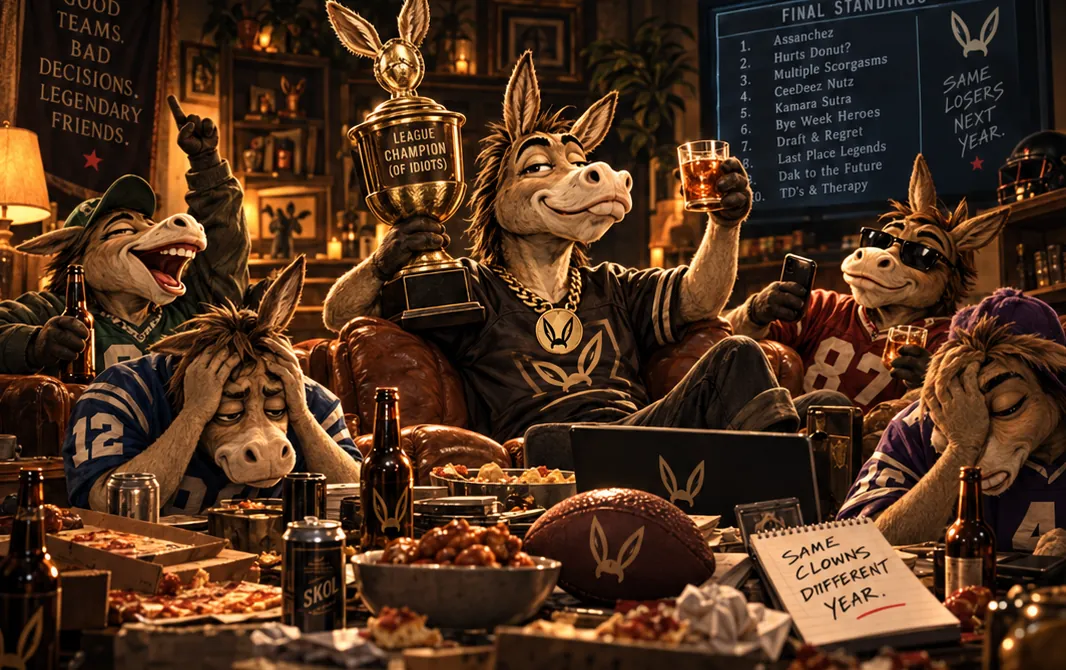 Donkeys in football jerseys around a game-day spread, one holding a League Champion (of Idiots) trophy
