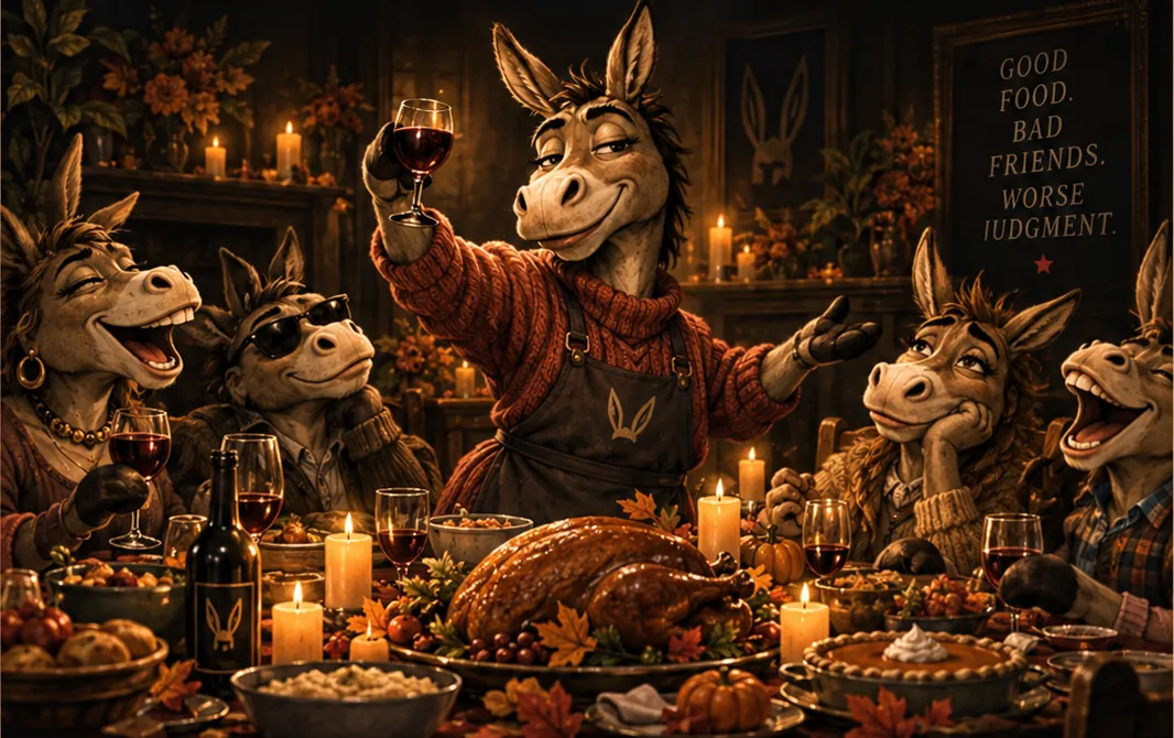 Donkeys in sweaters toasting around a candlelit Friendsgiving table with a roast turkey