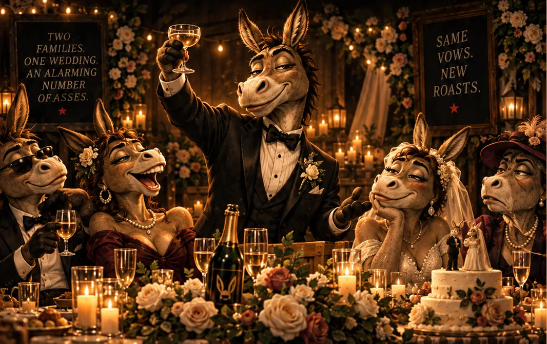 Donkeys in formalwear raising glasses at a candlelit wedding reception table
